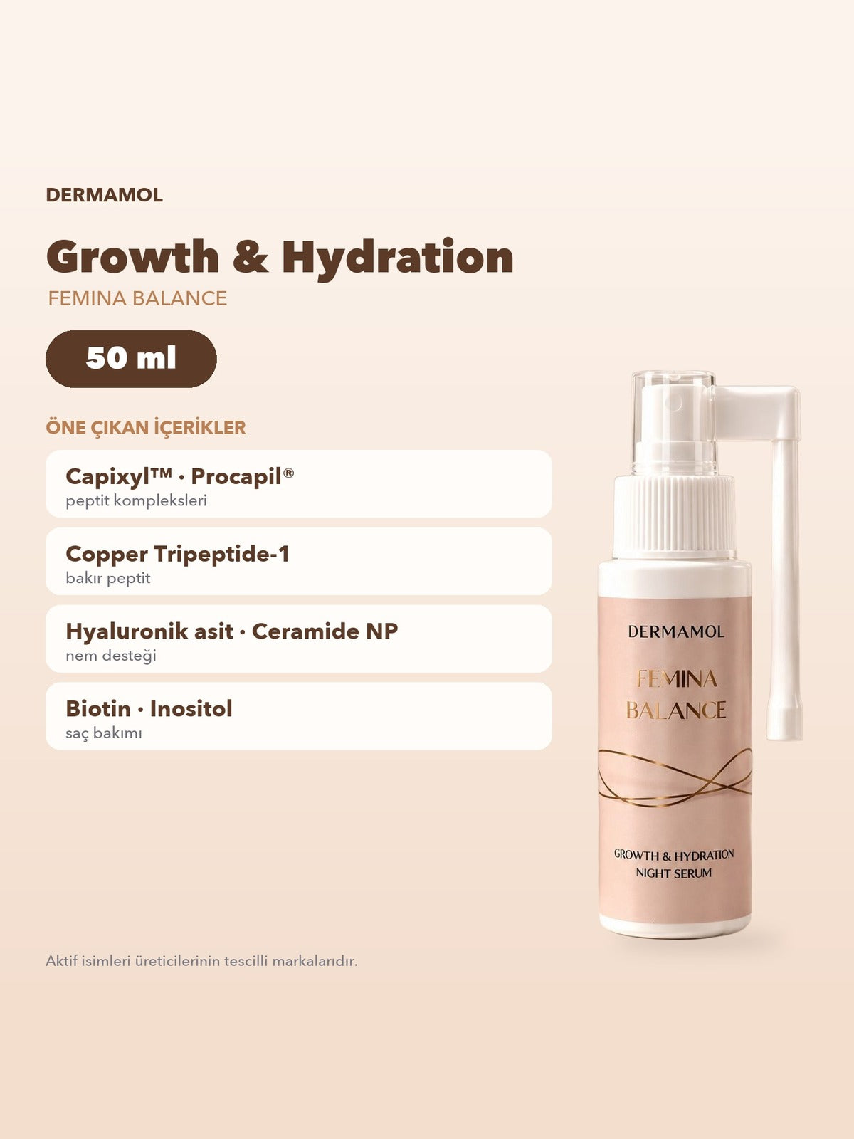 Dermamol Femina Balance Growth & Hydration Gece Saç Serumu 50 ml Capixyl Procapil Hyaluronik Asit
