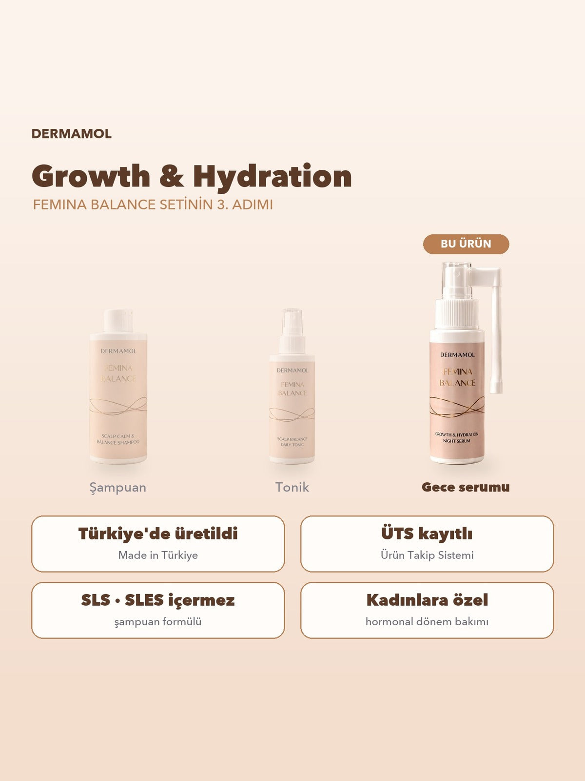 Dermamol Femina Balance Growth & Hydration Gece Saç Serumu 50 ml Capixyl Procapil Hyaluronik Asit